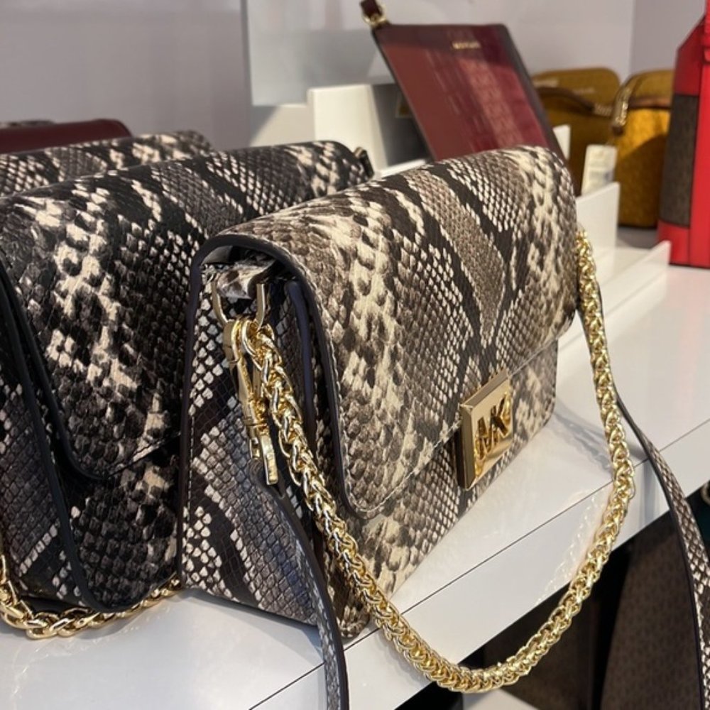 Michael Kors Sonia Medium Snake Embossed Shoulder Bag Natural - Picture 15 of 16